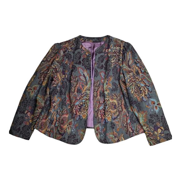 Vtg 1970s Teal Blue Floral Tapestry Fabric Open Front Collarless Blazer XL - Picture 1 of 5